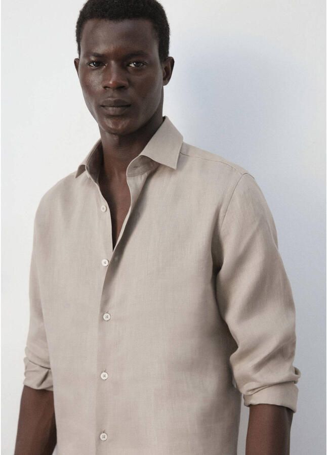 Mango Man linnen slim fit overhemd pastelbruin
