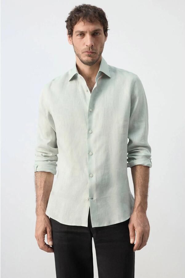 Mango Man linnen slim fit overhemd turkoois