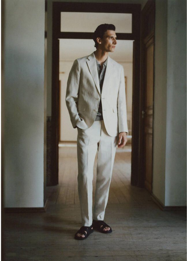 Mango Man linnen slim fit pantalon lichtbeige - Foto 3