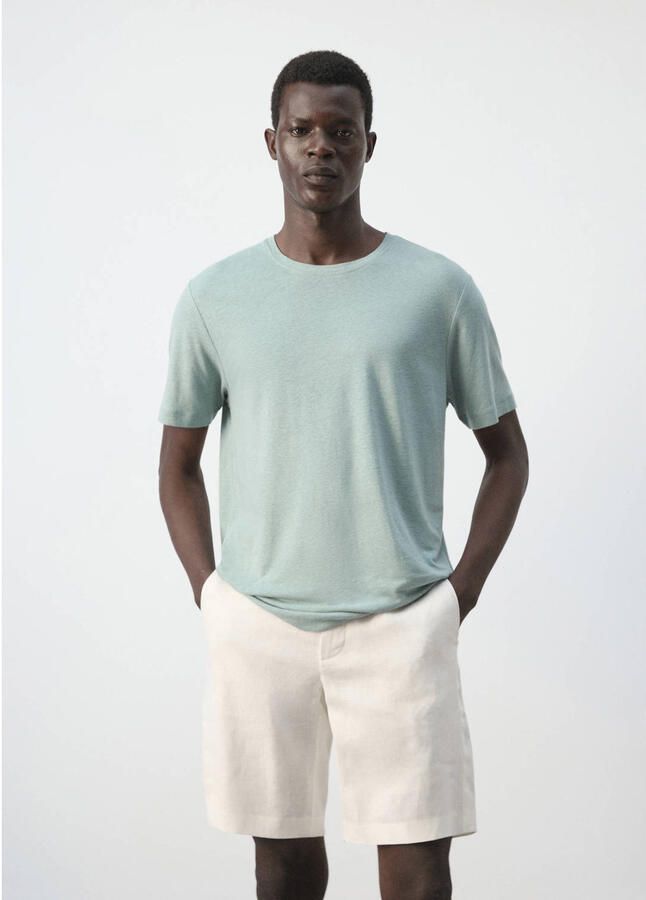 Mango Man linnen slim fit T-shirt heldergroen