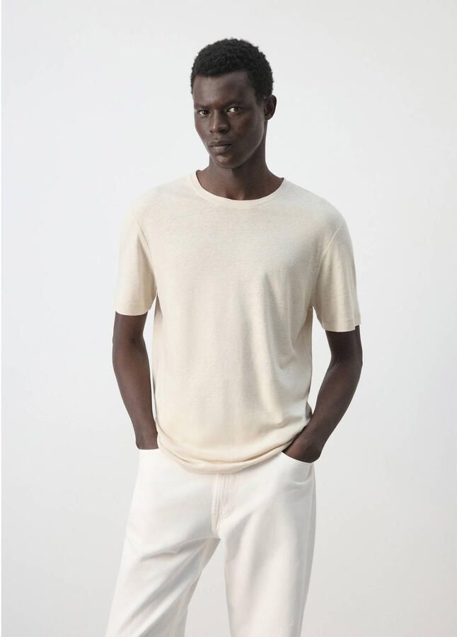 Mango Man linnen slim fit T-shirt lichtbeige