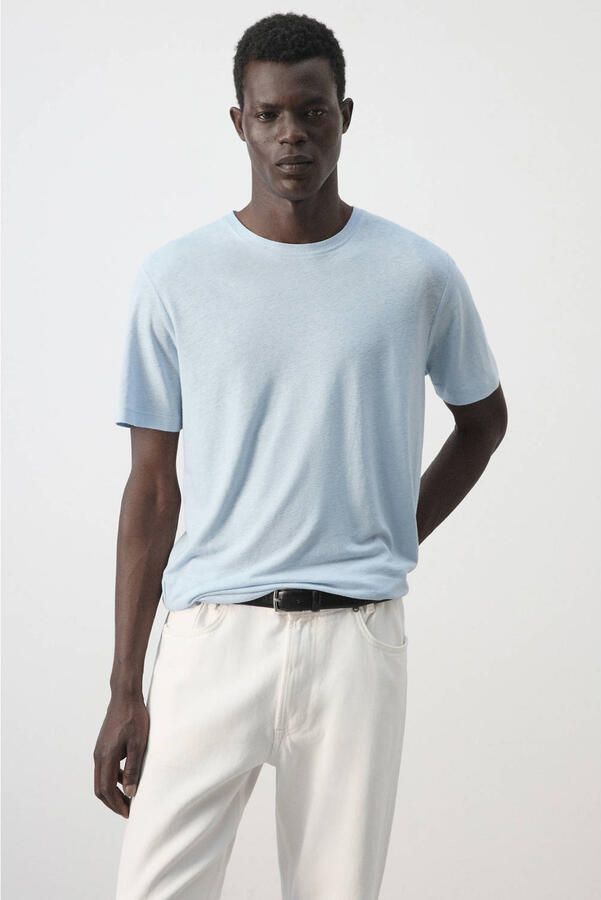 Mango Man linnen slim fit T-shirt lichtblauw