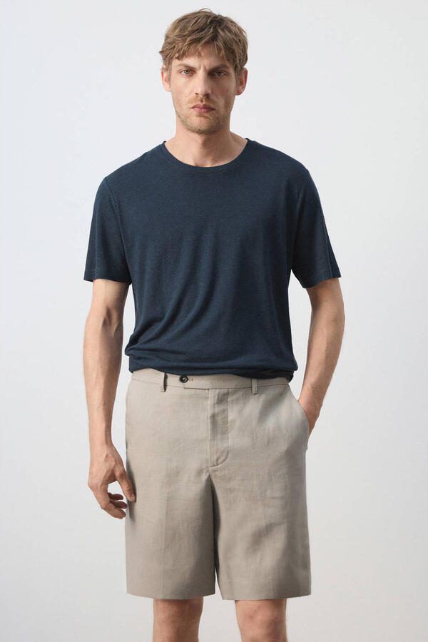 Mango Man linnen slim fit T-shirt marine