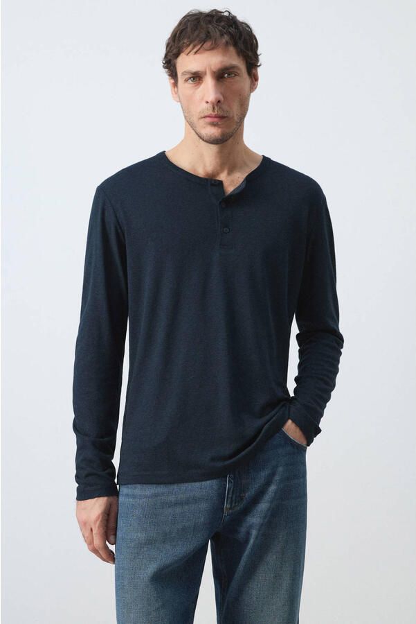 Mango Man longsleeve met linnen donkerblauw
