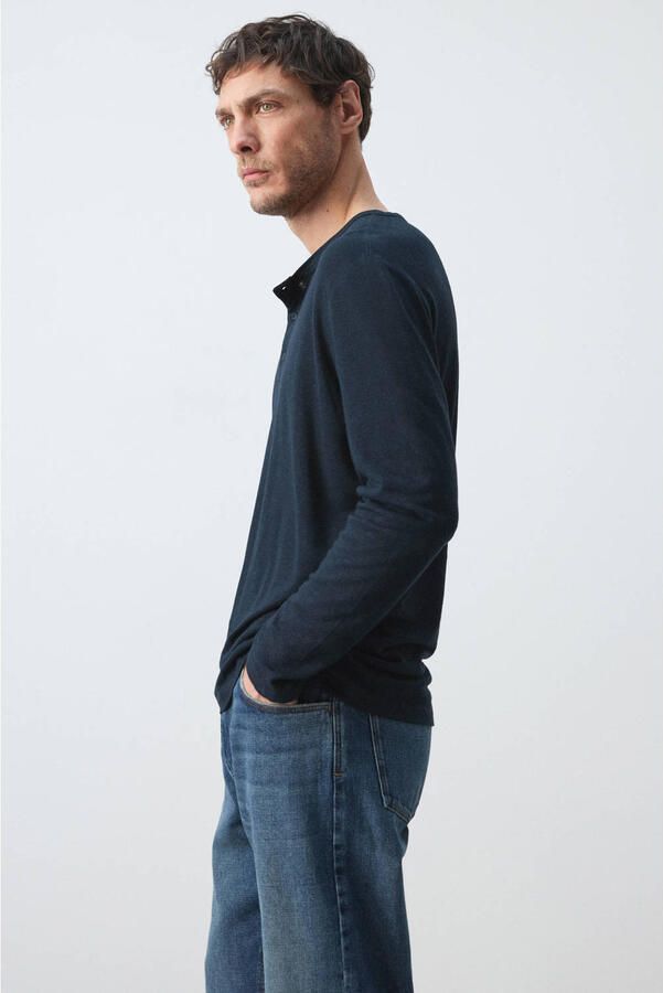 Mango Man longsleeve met linnen donkerblauw - Foto 3