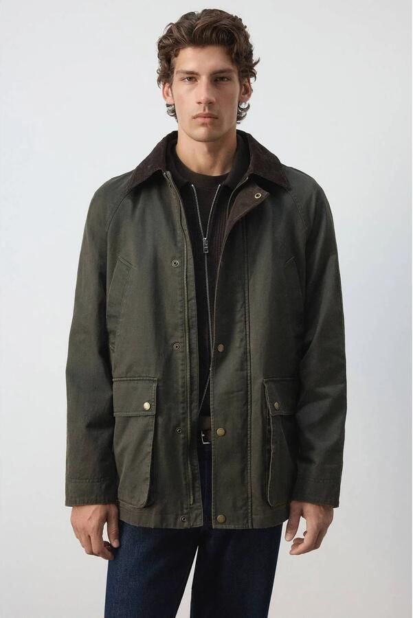 Mango Man parka met corduroy details donkergroen