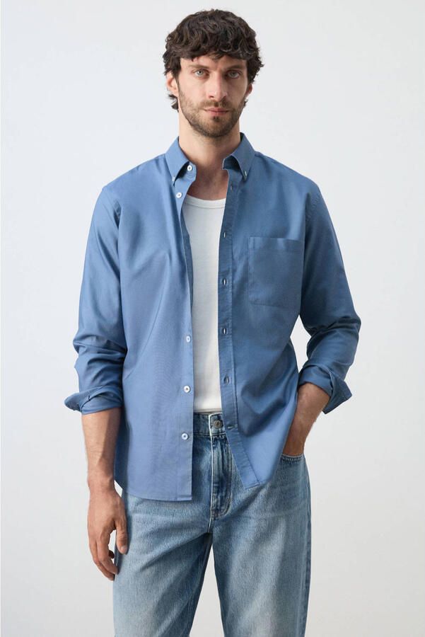 Mango Man regular casual overhemd blauw