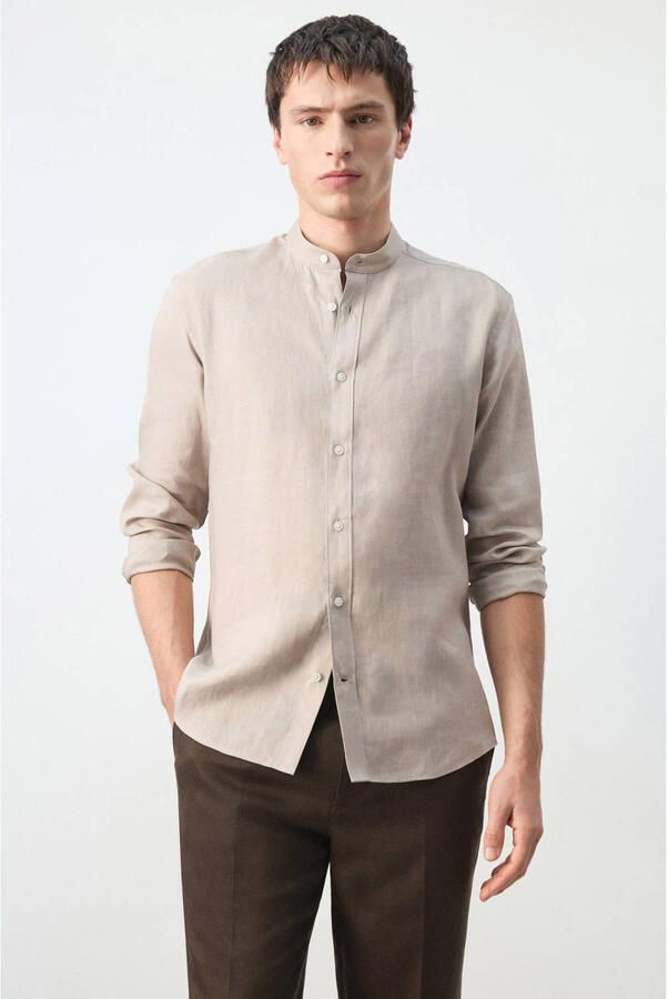 Mango Man regular casual overhemd met linnen beige