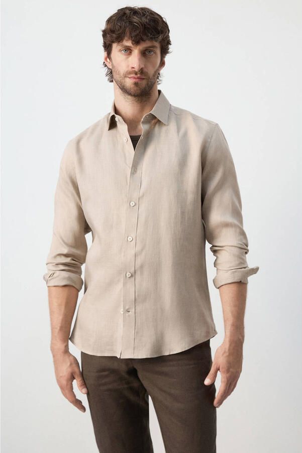 Mango Man regular casual overhemd met linnen beige