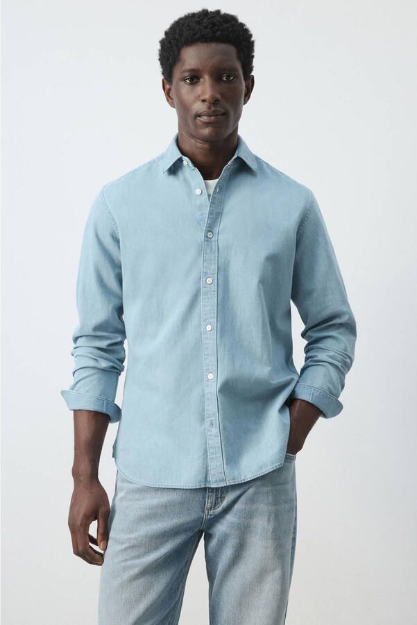 Mango Man regular casual overhemd met linnen blauw