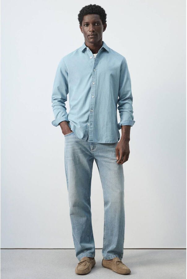 Mango Man regular casual overhemd met linnen blauw - Foto 2