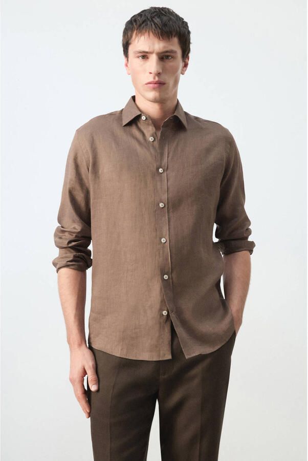 Mango Man regular casual overhemd met linnen bruin