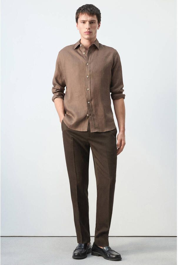 Mango Man regular casual overhemd met linnen bruin - Foto 3
