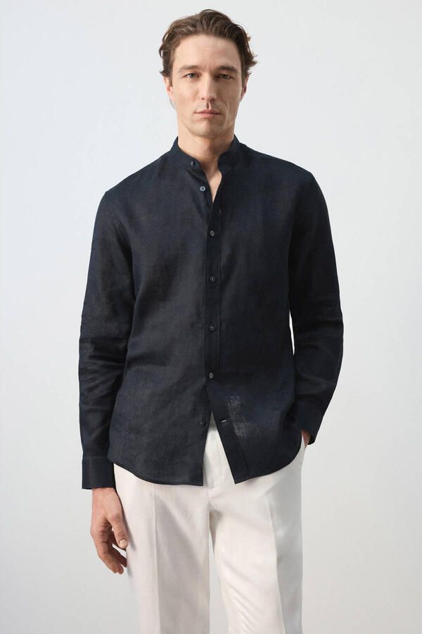 Mango Man regular casual overhemd met linnen donkerblauw