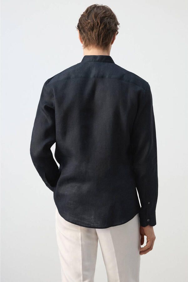Mango Man regular casual overhemd met linnen donkerblauw - Foto 3