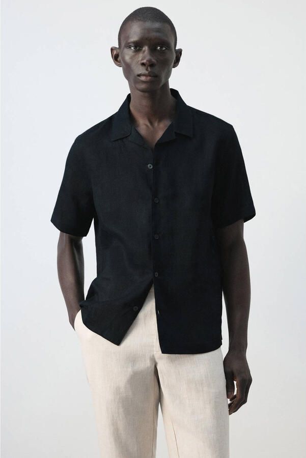 Mango Man regular casual overhemd met linnen donkerblauw