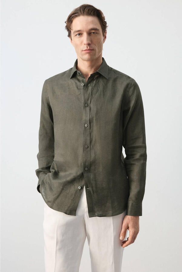 Mango Man regular casual overhemd met linnen donkergroen