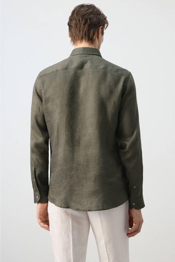 Mango Man regular casual overhemd met linnen donkergroen - Foto 3