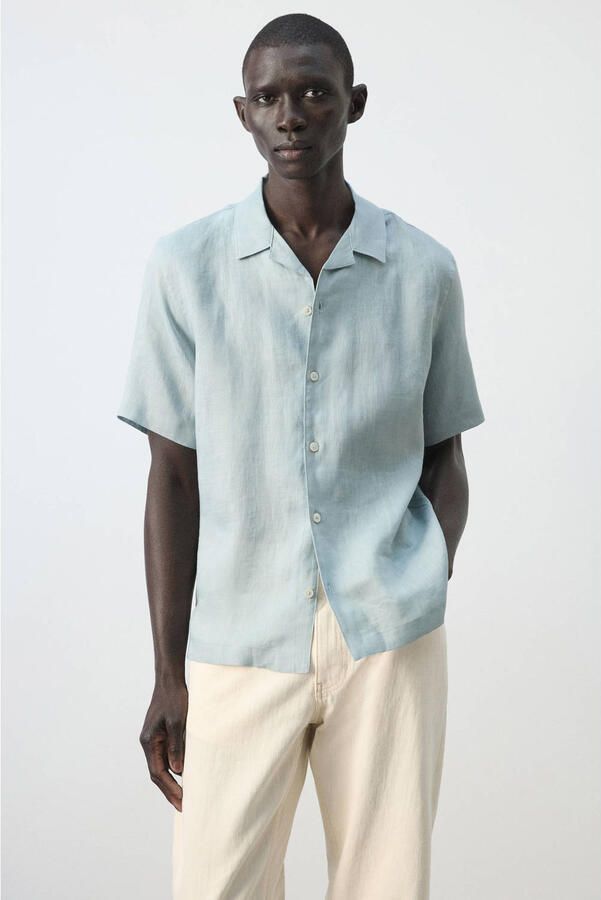 Mango Man regular casual overhemd met linnen grijsblauw