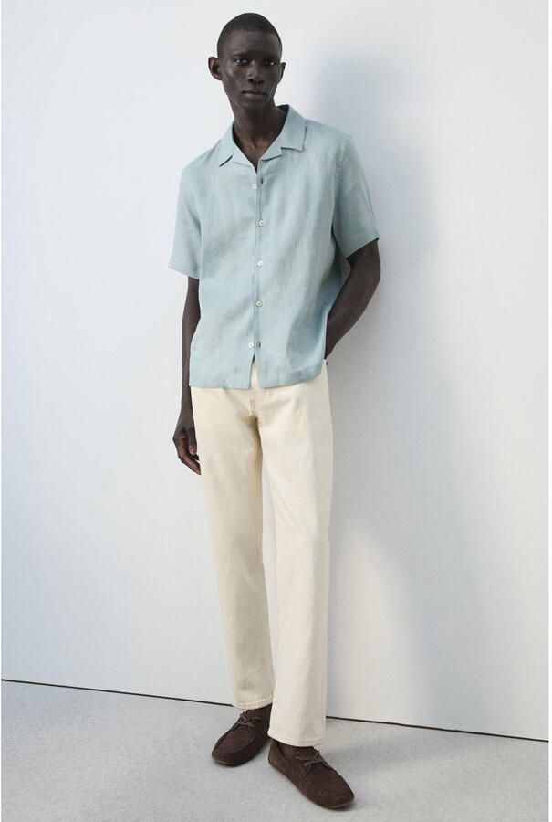 Mango Man regular casual overhemd met linnen grijsblauw - Foto 3
