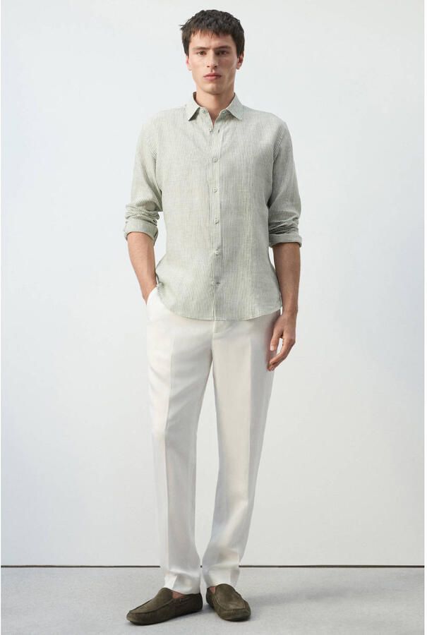 Mango Man regular casual overhemd met linnen groen - Foto 2
