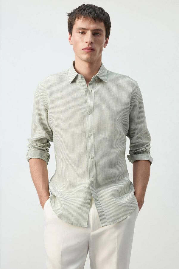 Mango Man regular casual overhemd met linnen groen
