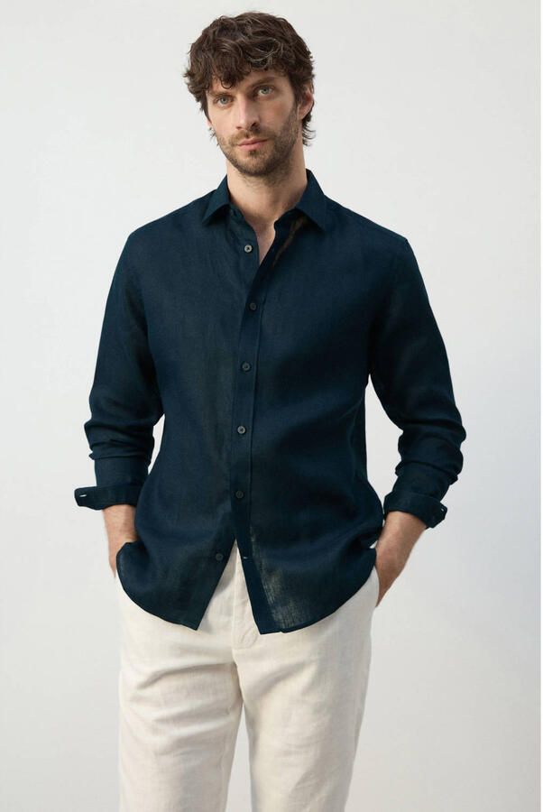 Mango Man regular casual overhemd met linnen