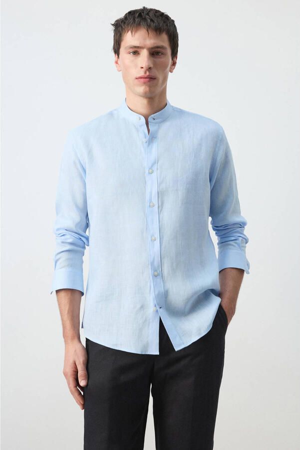 Mango Man regular casual overhemd met linnen lichtblauw