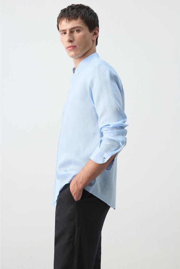 Mango Man regular casual overhemd met linnen lichtblauw - Foto 3