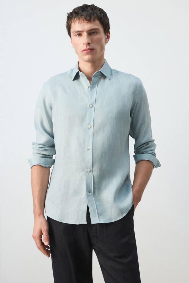 Mango Man regular casual overhemd met linnen lichtblauw