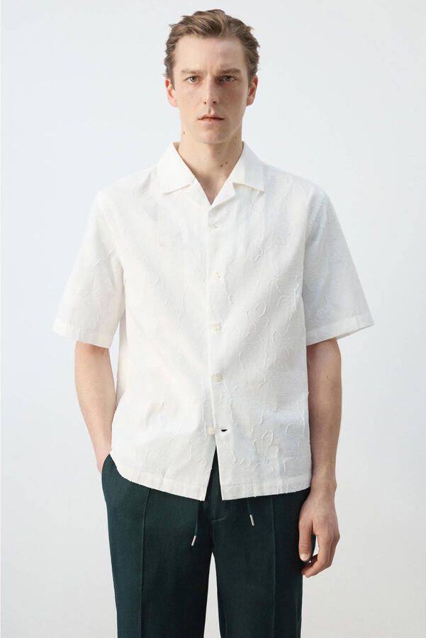 Mango Man regular casual overhemd met linnen met ingebreid patroon wit