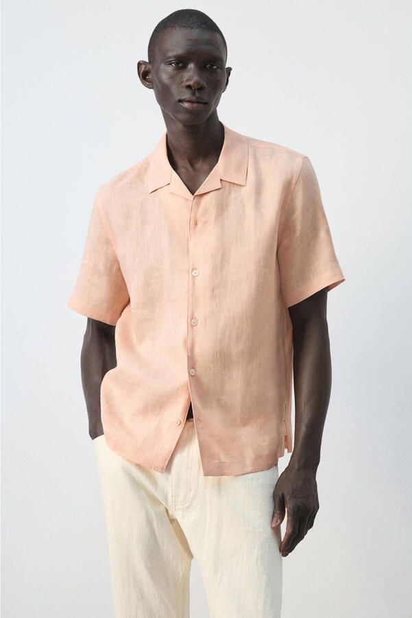 Mango Man regular casual overhemd met linnen oranje