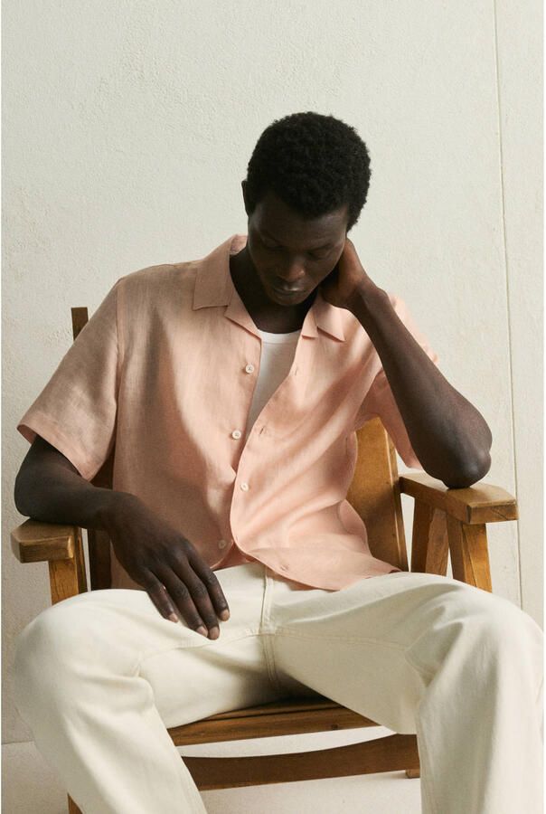 Mango Man regular casual overhemd met linnen oranje - Foto 2