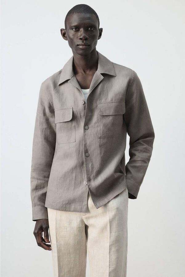 Mango Man regular casual overhemd met linnen taupe