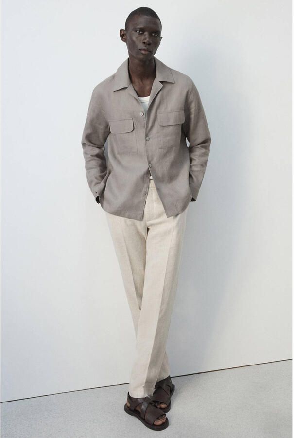 Mango Man regular casual overhemd met linnen taupe - Foto 2