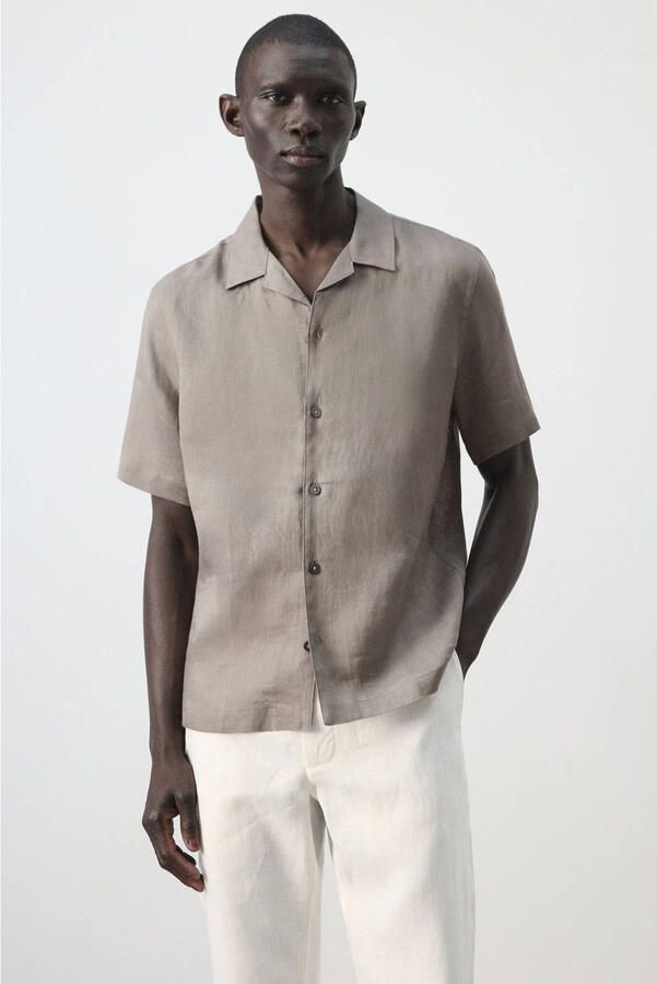 Mango Man regular casual overhemd met linnen taupe