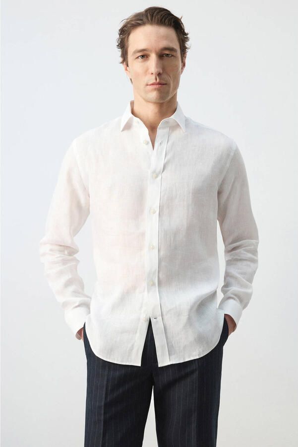 Mango Man regular casual overhemd met linnen wit