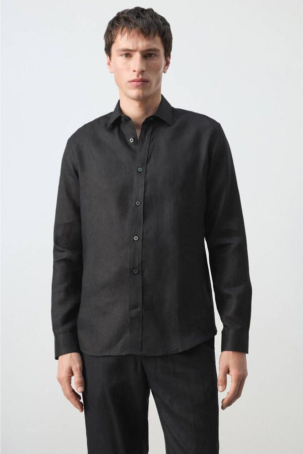 Mango Man regular casual overhemd met linnen zwart