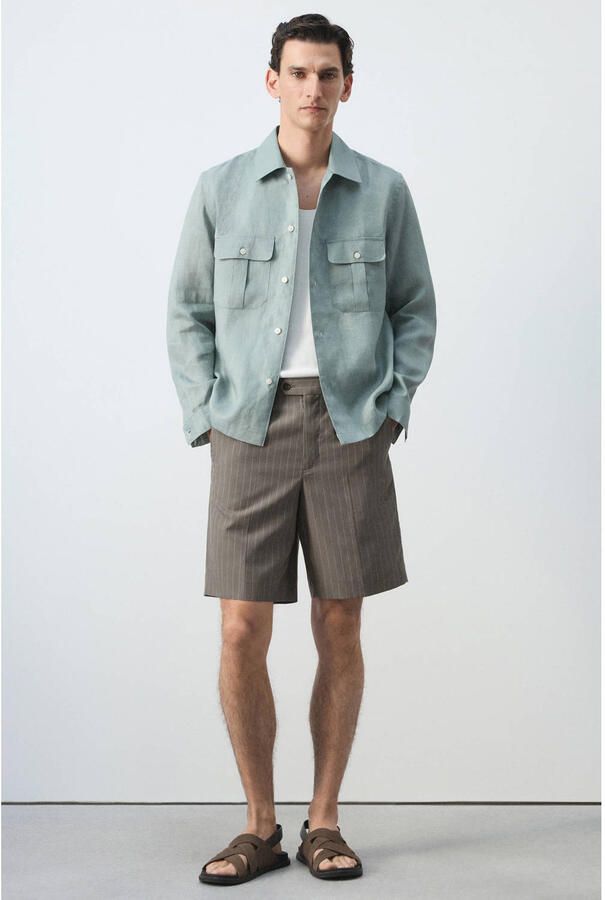 Mango Man regular fit bermudashort met krijtstreep en linnen middengrijs - Foto 2
