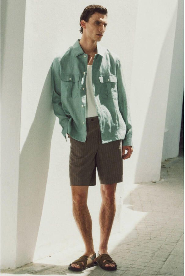 Mango Man regular fit bermudashort met krijtstreep en linnen middengrijs - Foto 3