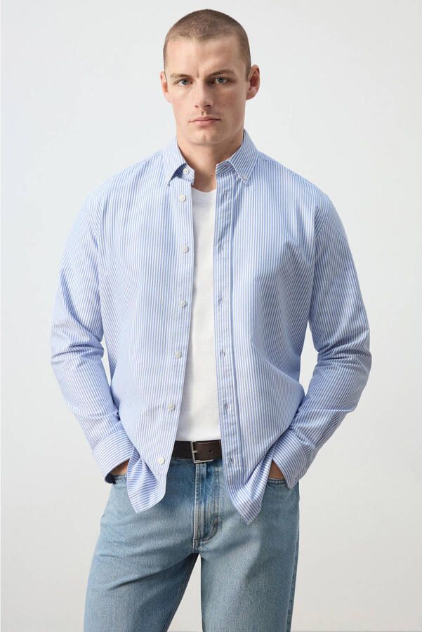 Mango Man regular fit casual overhemd met krijtstreep marine