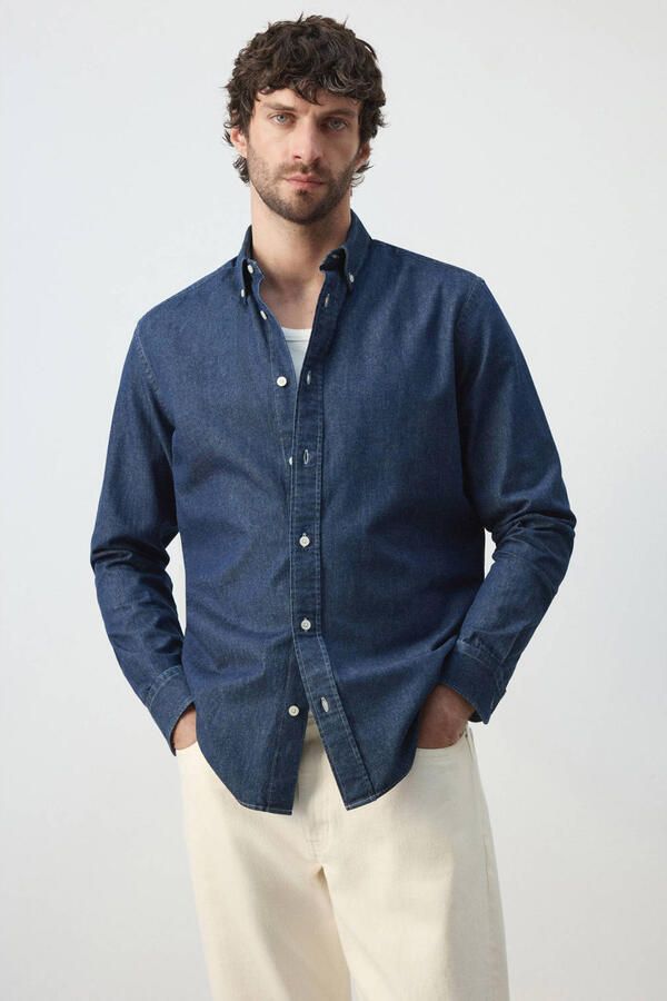 Mango Man regular fit casual overhemd met linnen blauw
