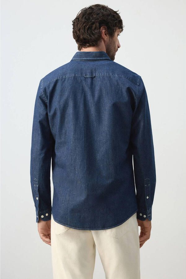 Mango Man regular fit casual overhemd met linnen blauw - Foto 3