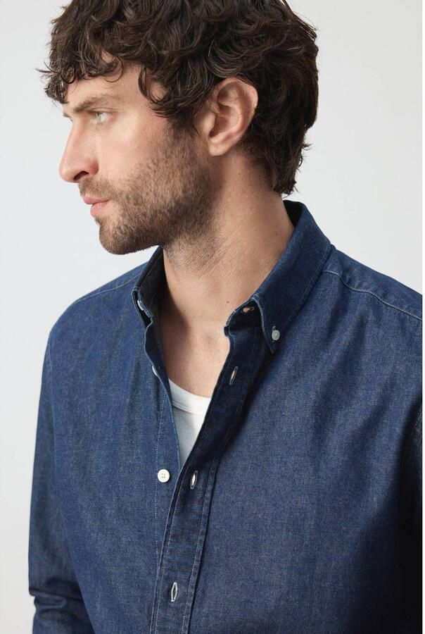 Mango Man regular fit casual overhemd met linnen blauw - Foto 2