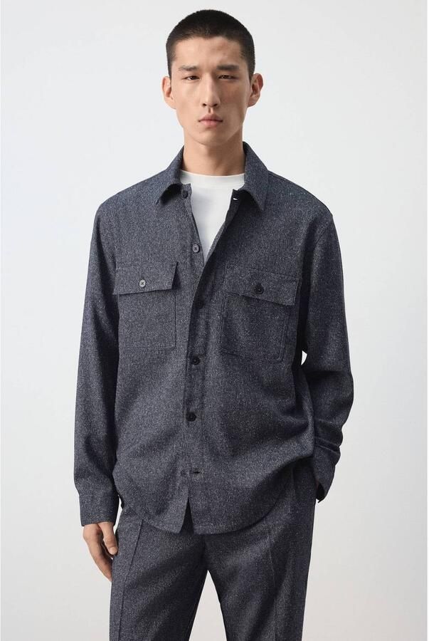 Mango Man regular fit casual overhemd met melée middenblauw
