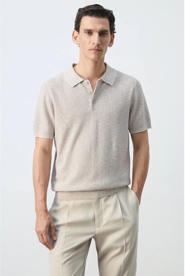 Mango Man regular fit gebreide gemêleerde polo pastelbruin