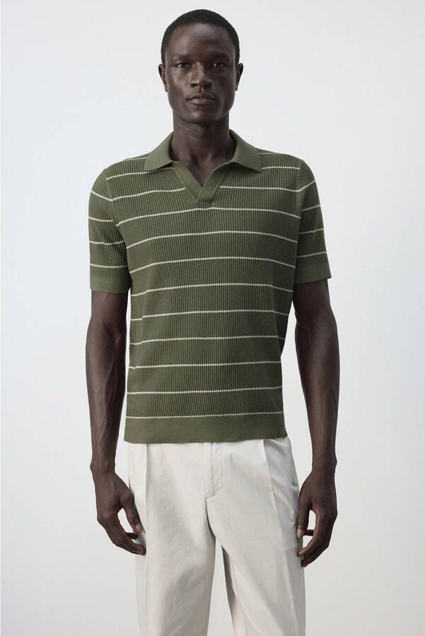 Mango Man regular fit gebreide gestreepte polo donkergroen