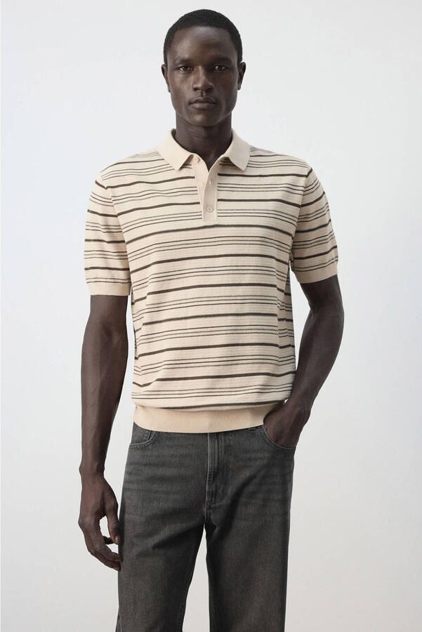 Mango Man regular fit gebreide gestreepte polo lichtbeige