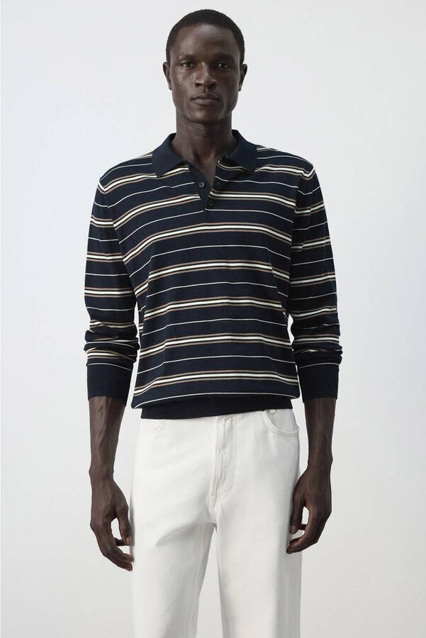 Mango Man regular fit gebreide gestreepte polo marine