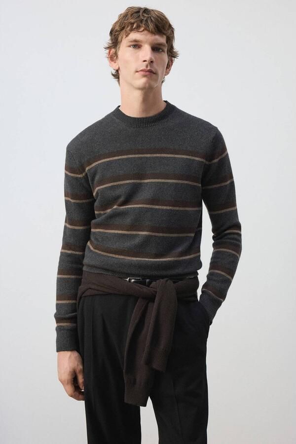 Mango Man regular fit gebreide gestreepte trui met wol donkergrijs